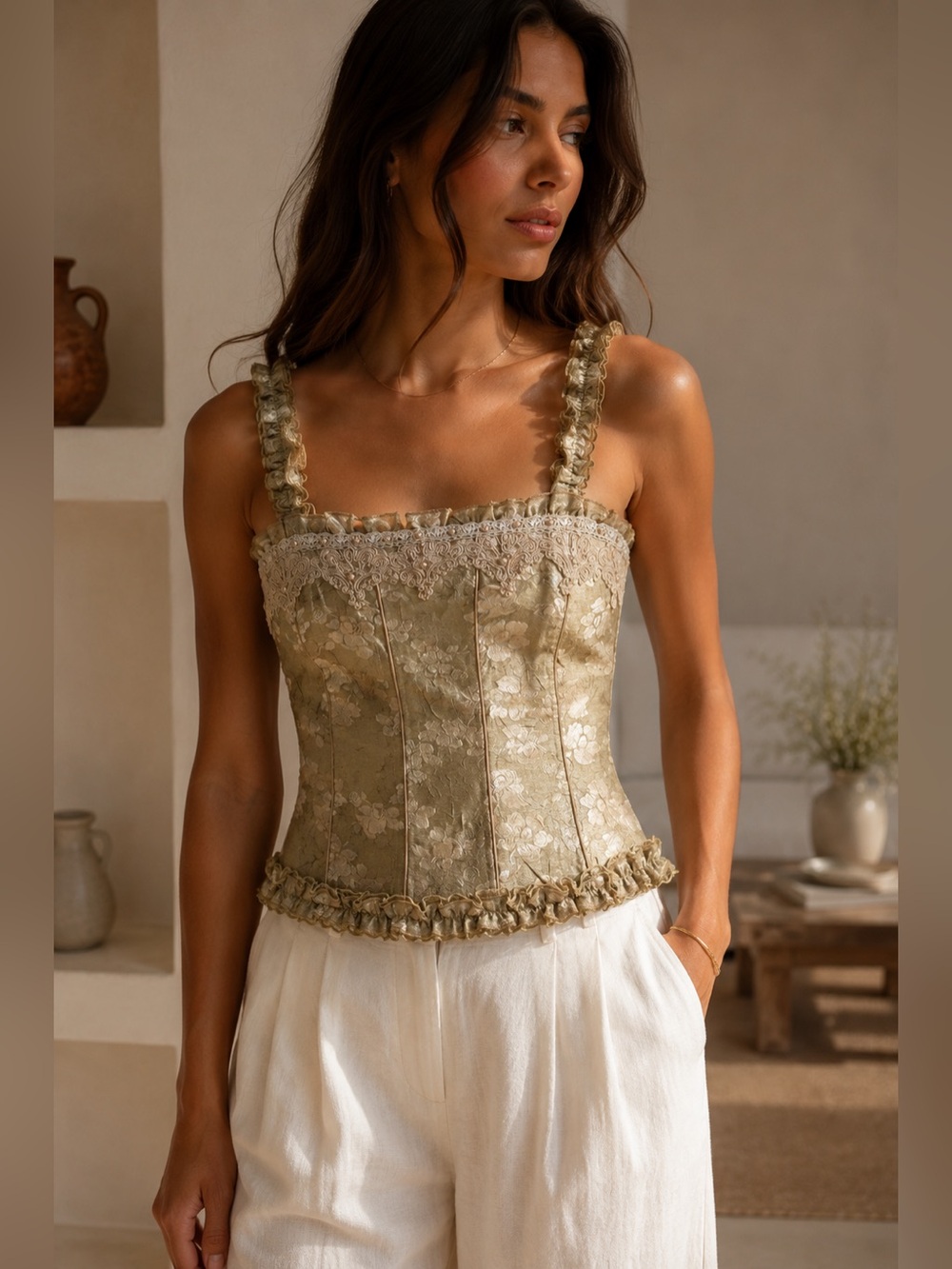 vintage Xanaka Romantic corset-style cami smocked back pearl lace detailing